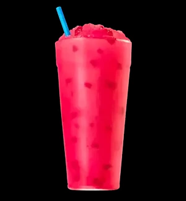Sonic Fruited Dragon Slush in frosty cup with real sliced strawberries and crushed pebble ice